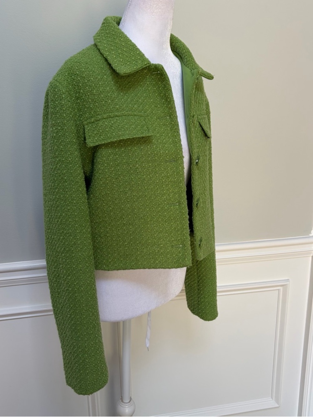MOTF Cropped Green Bouclé Blazer Jacket Size L - Picture 4 of 10